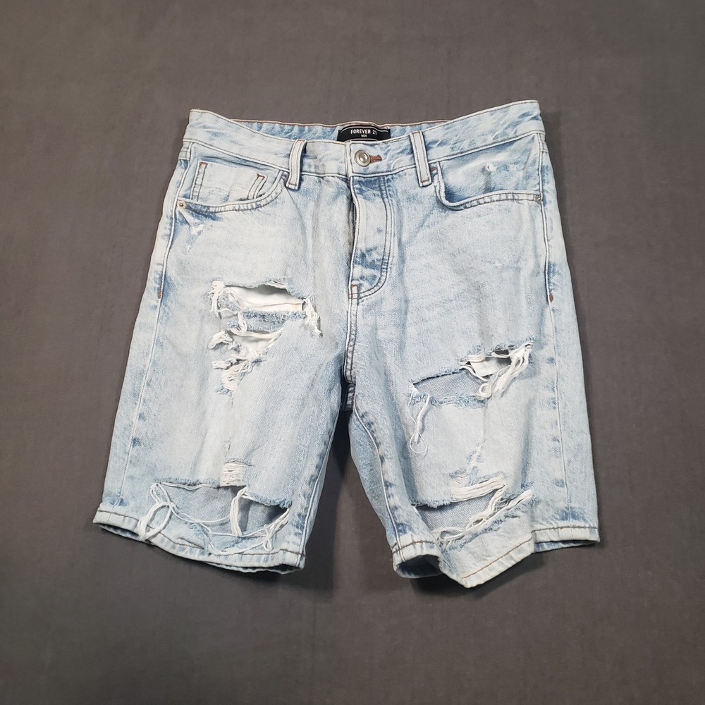 Forever 21 Denim Shorts Mens 33 Light Blue Distressed Ripped Button Fly Cotton